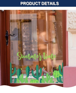 Detail of green Summer time wall sticker with cactus and succulents on a glass window