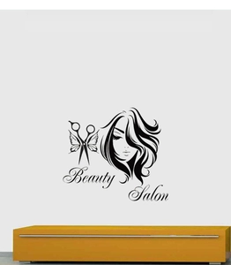 Sticker mural pour salon de beauté avec profil de femme et ciseaux papillon en vinyle noir