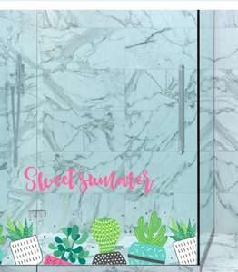 Modern Sweet Summer plant wall decal applied on glass shower door in minimalist bathroom