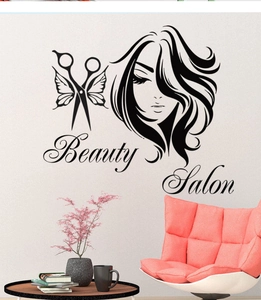 Sticker mural moderne pour salon de beauté avec silhouette et ciseaux papillons