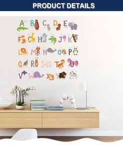 Detailed view of colorful cartoon animal alphabet wall stickers in a modern nursery room