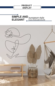 Detail view of a minimalist black line art wall sticker showing a woman in a wide hat