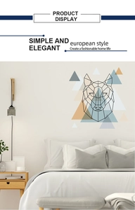Détail d'un sticker mural tête de loup géométrique aux lignes noires et polygones colorés