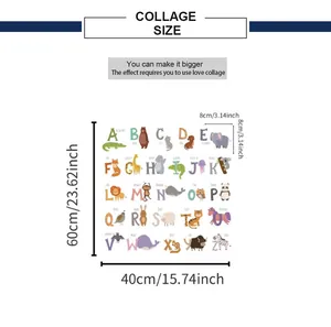 Detailed size chart for animal alphabet wall stickers showing 60x40cm overall dimensions