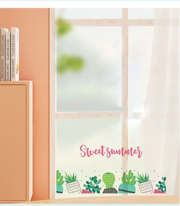 Detail view of self-adhesive frosted window sticker with succulents and Sweet summer text
