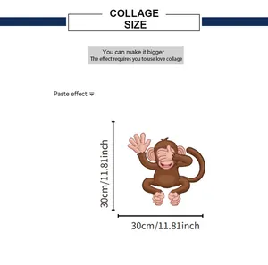 Detailed wall sticker size chart showing 30x30cm dimensions for funny cartoon monkey decal