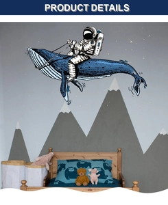 Detailed wall decal of astronaut riding a blue whale in a dreamy starry space theme