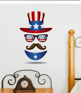 Bedroom wall decor featuring US Independence Day stickers with patriotic hat and sunglasses