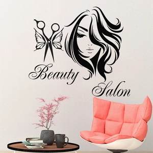 Sticker Mural Salon de Beauté Silhouette Femme Papillon Ciseaux Décoration Salon Coiffure PVC Autocollant DIY Art Mural