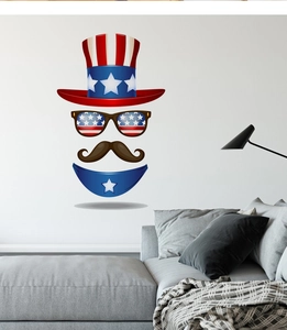 Close-up of patriotic 4th of July wall stickers including flag hat and sunglasses