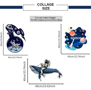 Collage dimensions of astronaut wall stickers with space and whale themes on a white background
