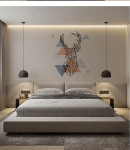 Détail de l'autocollant mural tête de cerf géométrique avec lignes noires et triangles colorés