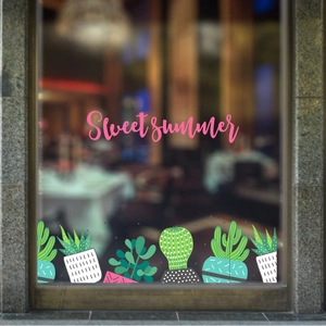 Modern Simple Green Cactus Succulent Wall Sticker PVC Waterproof Window Decal For Living Room Home Kitchen Glass Decor