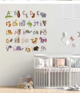 Detailed wall view of educational alphabet animal stickers for a cozy nursery decoration