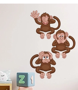 Three cartoon monkeys wall stickers featuring see-no-evil, hear-no-evil, speak-no-evil designs