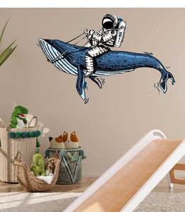 Astronaut riding a blue whale wall sticker creative decor for kids nursery bedroom background