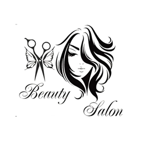 Sticker mural Beauty Salon avec silhouette de femme et ciseaux papillon en noir élégant