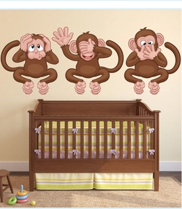 Three wise monkeys wall decal set in nursery showing hear see speak no evil poses