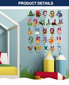 Nursery wall stickers with A-Z alphabet and cartoon animals in a cozy kids room layout