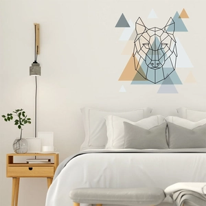 Sticker mural tête de loup géométrique minimaliste avec lignes noires et triangles Morandi