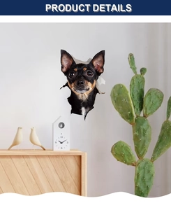 Détail d'un sticker mural 3D représentant un chiot Pinscher noir traversant le mur