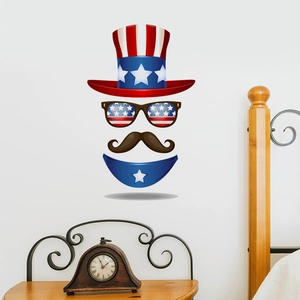 Patriotic 4th of July wall stickers with Uncle Sam hat and flag sunglasses on white wall