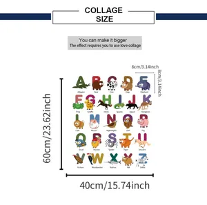 Detailed size specifications for animal alphabet wall stickers showing 40x60cm dimensions