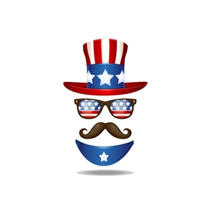 Patriotic July 4th Independence Day party costume set with top hat, glasses and scarf