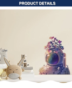 Detail of astronaut wall sticker with purple floral accents and starry sky visor effects