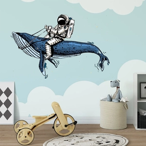 Cartoon Astronaut Space Whale Wall Stickers For Kids Room Bedroom Nursery Home Decor Self Adhesive PVC DIY Space Art Decal