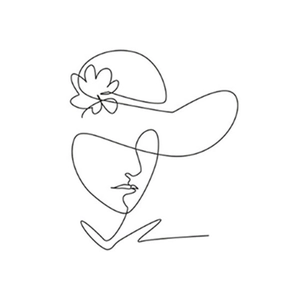 Minimalist black and white line art wall decor featuring a figure in a wide sun hat with flowers