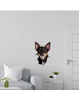 Sticker mural 3D réaliste montrant une tête de chien sortant d'un trou dans le mur