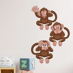 Three wise cartoon monkey wall stickers showing see, hear, speak no evil for home decor