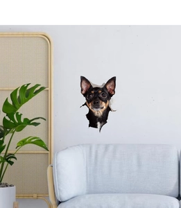 Sticker mural 3D montrant une tête de chien mignon sortant d'un trou dans un mur de salon