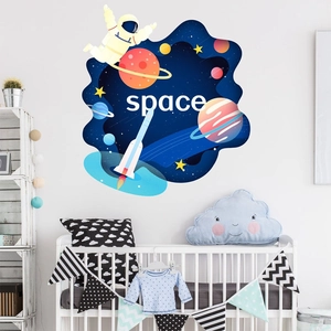 Space wall stickers featuring astronauts, colorful planets, and a rocket for nursery rooms