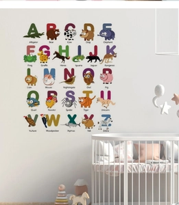 Nursery wall decals featuring 26 colorful ABC animal alphabet stickers on a white wall