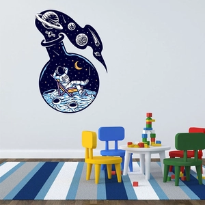 Space theme wall sticker featuring astronaut on moon inside bottle for kids room decor