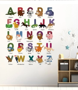 Detailed close-up of educational alphabet wall decals with animal motifs for kids