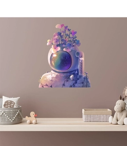 Nursery wall sticker of astronaut with purple flowers on a warm bedroom background