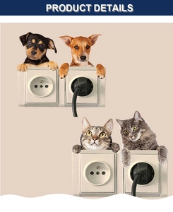 Detailed realistic 3D cat and dog stickers for creative switch and wall decoration