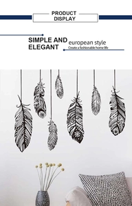 Stickers muraux minimalistes avec sept motifs de plumes noires de style bohème au mur