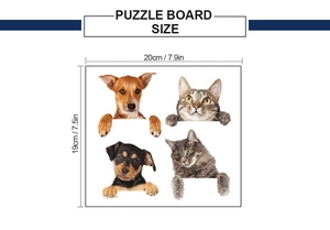 Detailed dimension guide for the 20x19cm pet puzzle board with cat and dog motifs