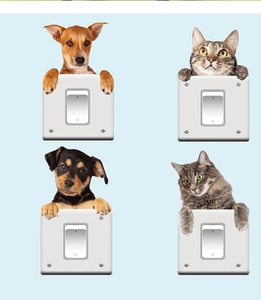 Set of four 3D pet wall stickers showing cute cats and dogs peeking over light switches