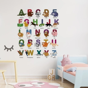 Educational alphabet animal wall stickers for kids nursery room with colorful cartoon designs