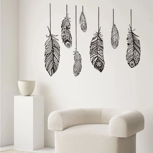 Stickers muraux plumes noires bohèmes avec motifs ethniques pour décoration minimaliste