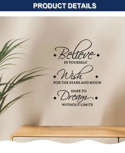 Close-up of elegant black vinyl Believe wall stickers with inspirational quotes on home wall