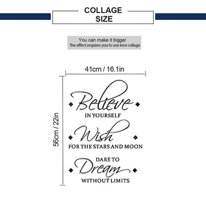 Detailed size chart showing 41cm x 56cm dimensions for the Believe wall sticker