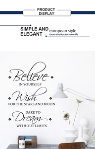 Detail showing 'Believe' inspirational quote wall sticker in elegant black PVC text