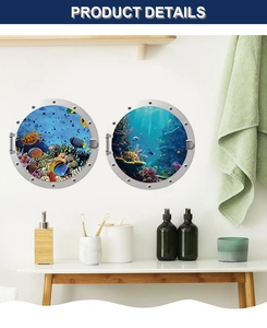 Detail of 3D submarine porthole wall stickers with sea turtles and coral reef scenery