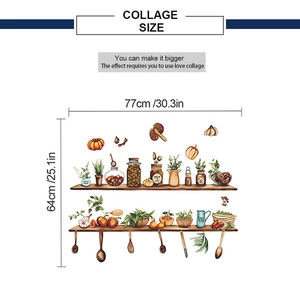 Guida alle dimensioni del collage per adesivi murali da cucina ad acquerello misura 77x64 cm totali